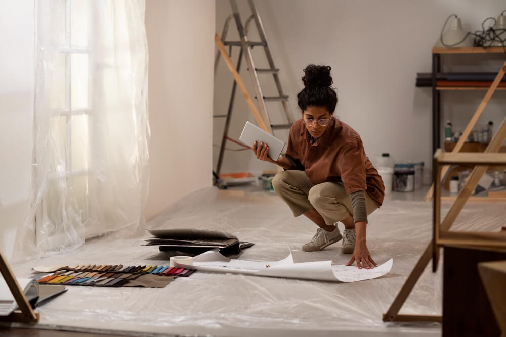 Faire des travaux chez soi avec sa propre entreprise : est-ce légal ? 4 Entrepreneur en bâtiment réalisant des travaux de rénovation dans son propre salon.