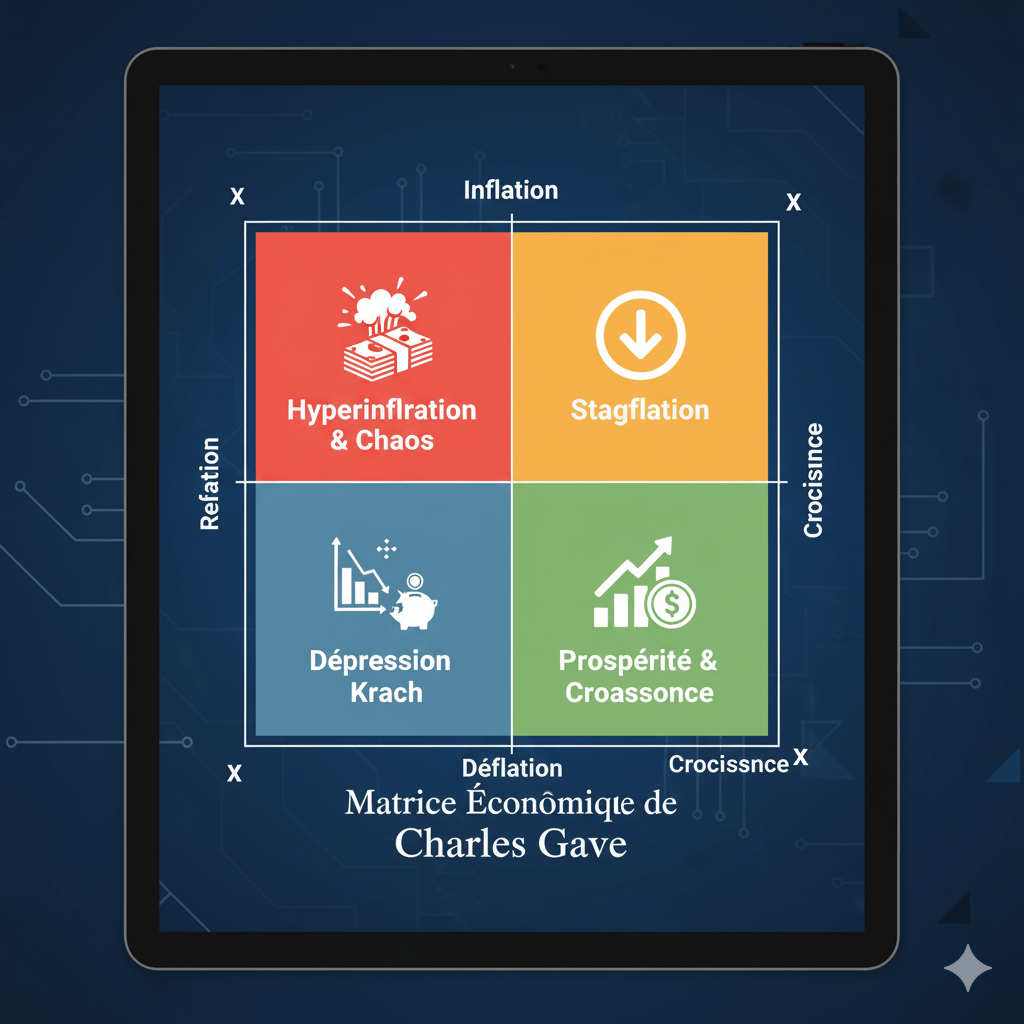 Le portefeuille de Charles Gave : comprendre sa stratégie d'investissement 12 Graphique représentant la matrice à quatre quadrants de Charles Gave (inflation/déflation vs croissance/récession).