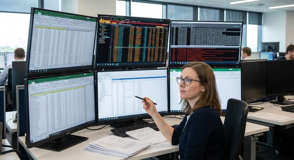 Data Validation Manager : rôle, salaire et importance dans la finance 2 Data Validation Manager analysant des flux de données financières complexes sur plusieurs écrans pour assurer la conformité.