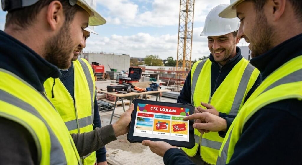 Salariés du BTP consultant les offres du CSE Loxam sur une tablette : voyages, chèques cadeaux et réductions.