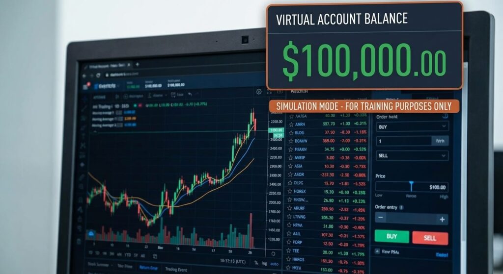 Interface de trading affichant un solde de capital virtuel de 100 000$ pour l'entraînement en bourse.