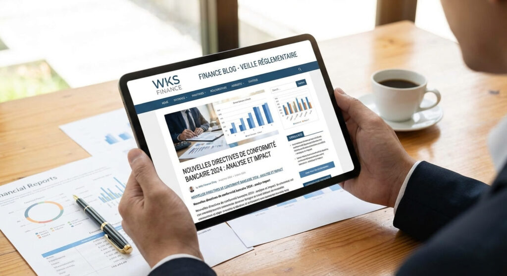 Consultation d'un blog financier professionnel type WKS sur une tablette pour la veille réglementaire.