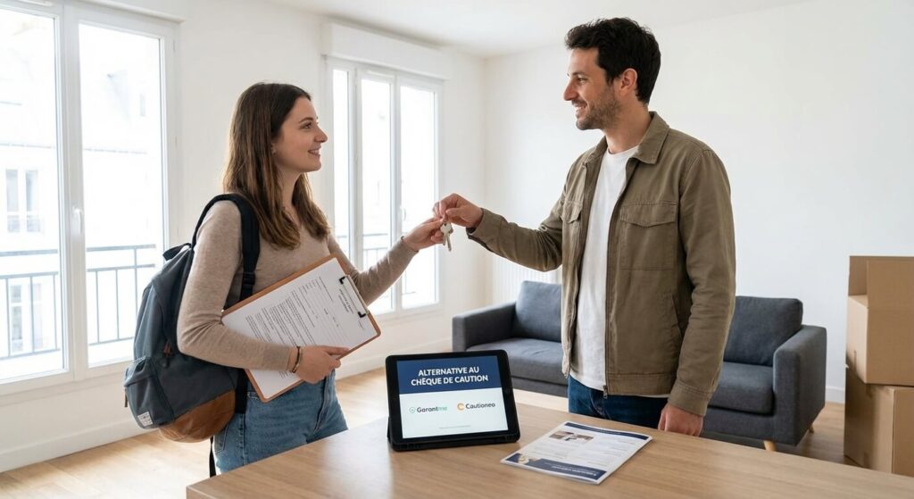 Locataire recevant les clés d'un appartement et discutant des alternatives au chèque de caution avec le propriétaire.