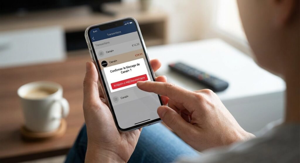 Utilisateur bloquant un prélèvement SEPA Canal+ directement depuis son application bancaire.