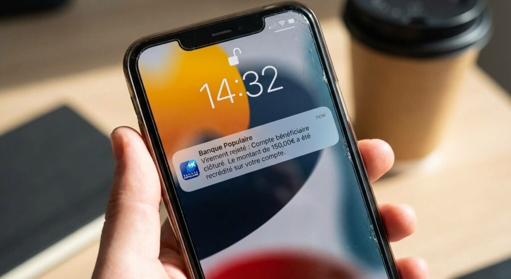Notification sur smartphone indiquant un virement rejeté car le compte bénéficiaire est clôturé.