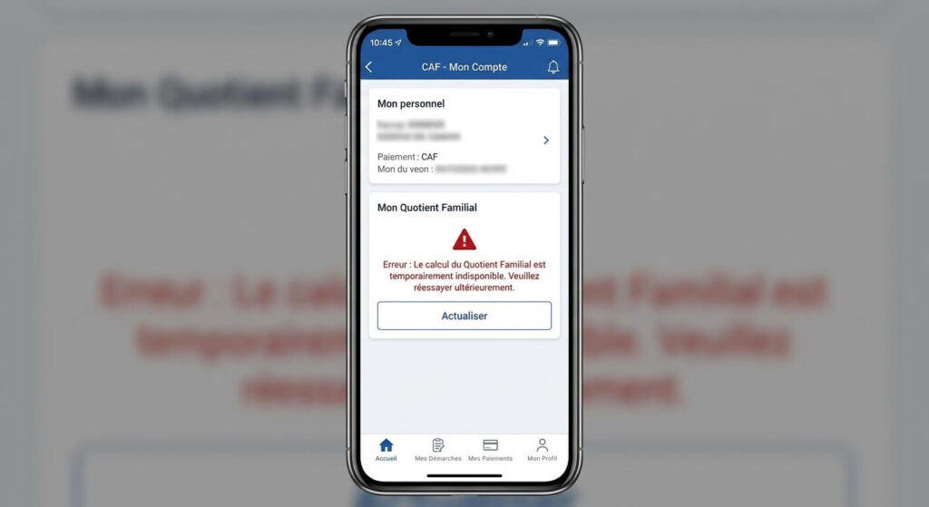 Capture d'écran de l'application CAF affichant un message d'erreur à la place du montant du Quotient Familial.