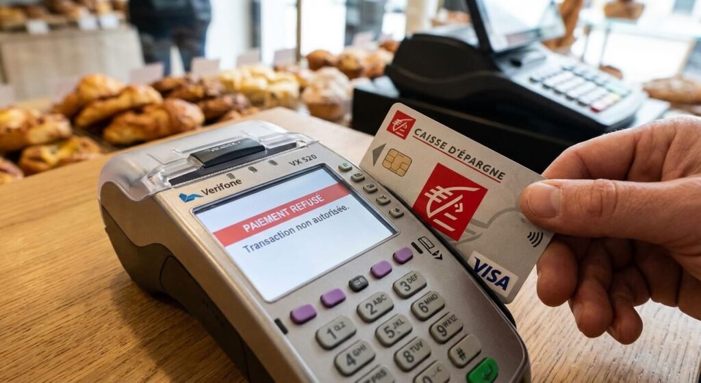 Terminal de paiement affichant un message de refus avec une carte bancaire Caisse d'Épargne.