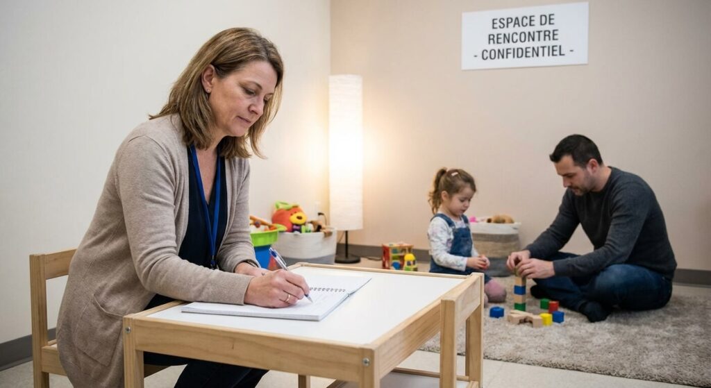 Travailleur social rédigeant un compte rendu d'observation lors d'une rencontre parent-enfant en espace de rencontre.