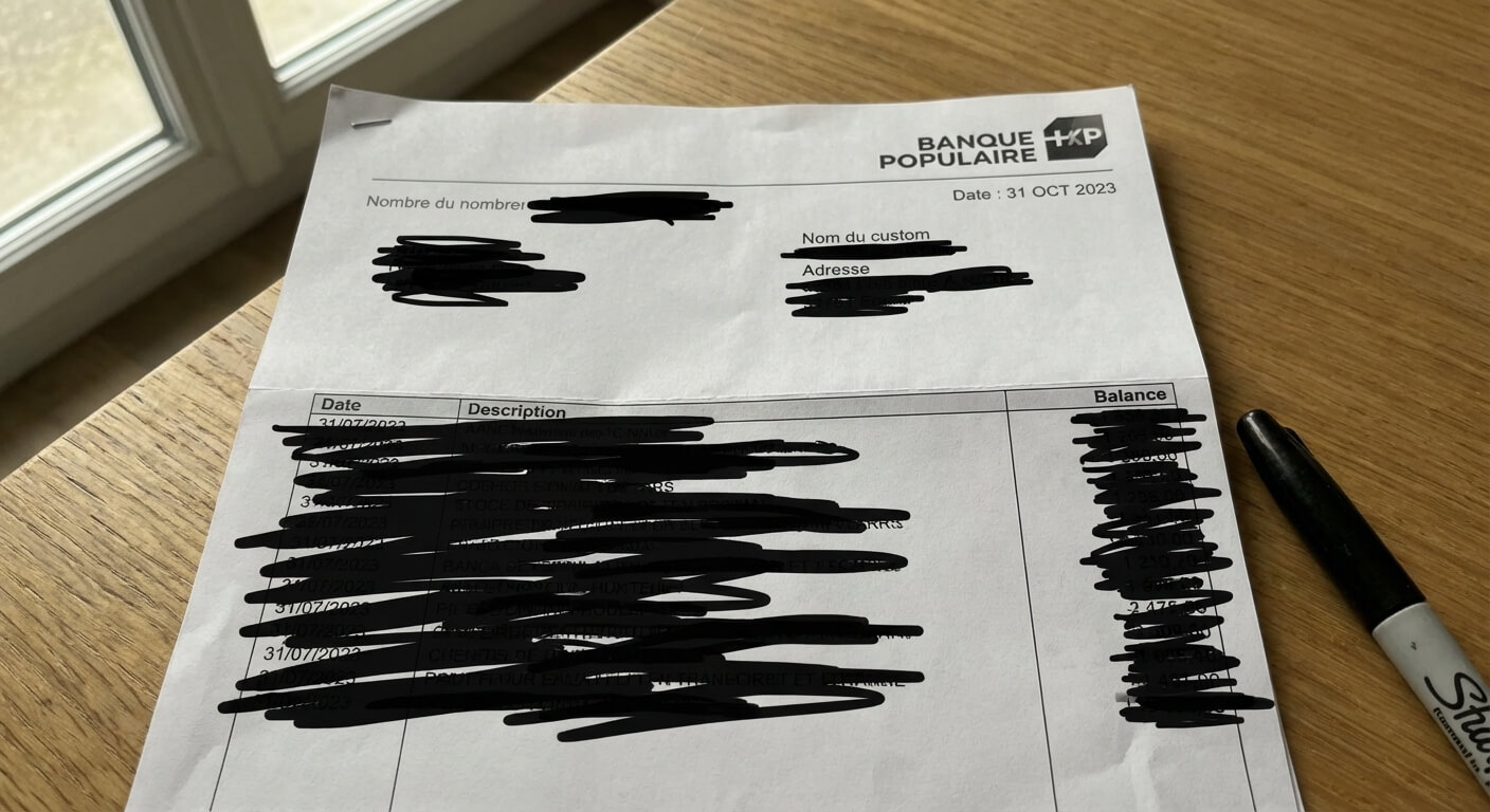 Relevé de compte bancaire avec les informations sensibles masquées au feutre noir pour éviter l'usurpation d'identité.