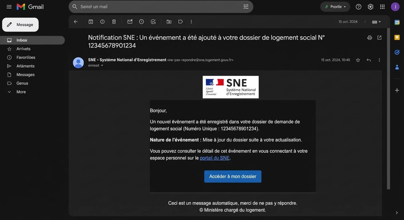 Capture d'écran d'un email de notification SNE indiquant qu'un événement a été ajouté au dossier de logement social.