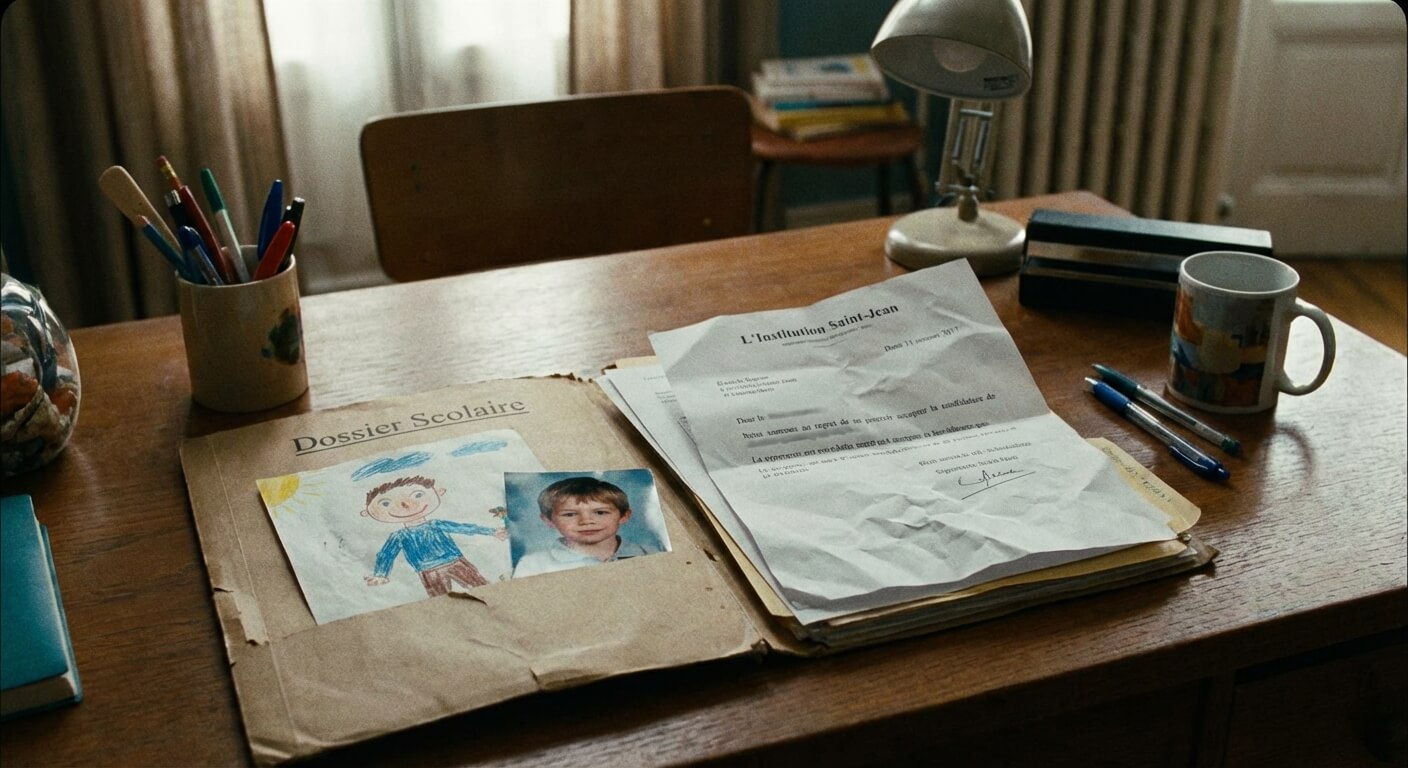 Dossier scolaire sur un bureau avec une lettre de refus d'inscription d'un établissement privé.