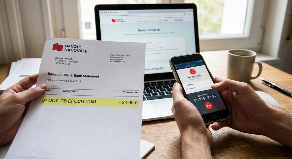 Relevé de compte bancaire montrant un prélèvement Epoch.com et un utilisateur cherchant à contacter le service client.