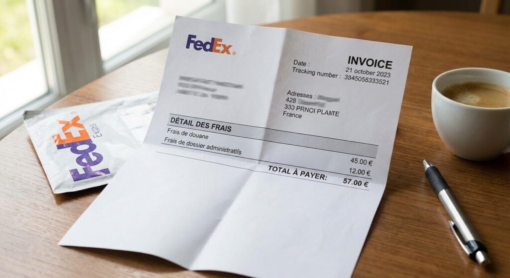 Facture FedEx reçue par courrier détaillant les frais de douane et les frais de dossier administratifs.