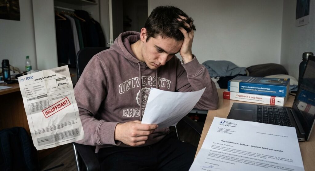 Étudiant déçu tenant ses résultats TOEIC insuffisants, l'empêchant d'obtenir son diplôme d'ingénieur.