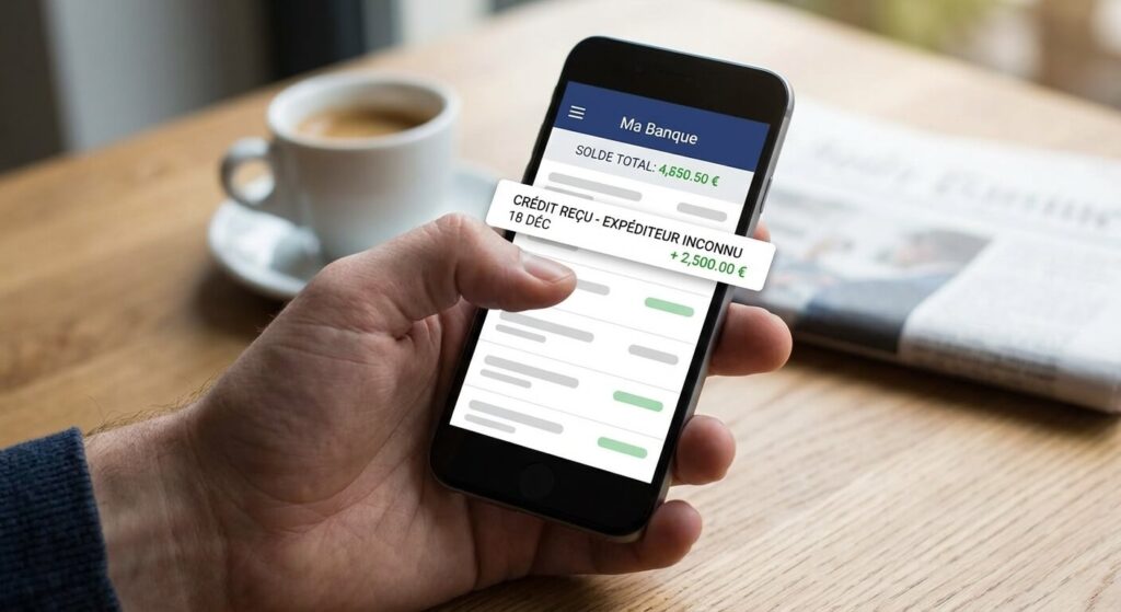 Consultation d'une application bancaire affichant une ligne de crédit d'un expéditeur inconnu.