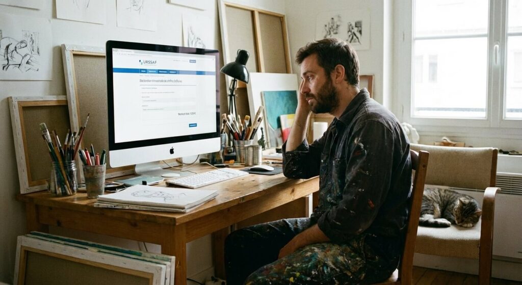 Artiste freelance devant son ordinateur effectuant sa déclaration trimestrielle URSSAF avec un revenu à zéro.