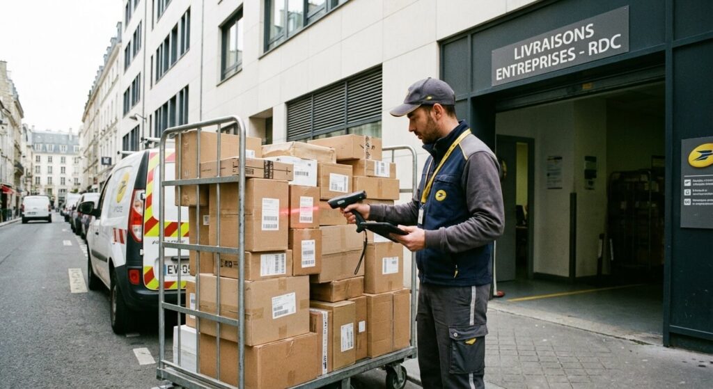 Facteur scannant plusieurs colis simultanément sur un chariot pour une livraison groupée en entreprise.