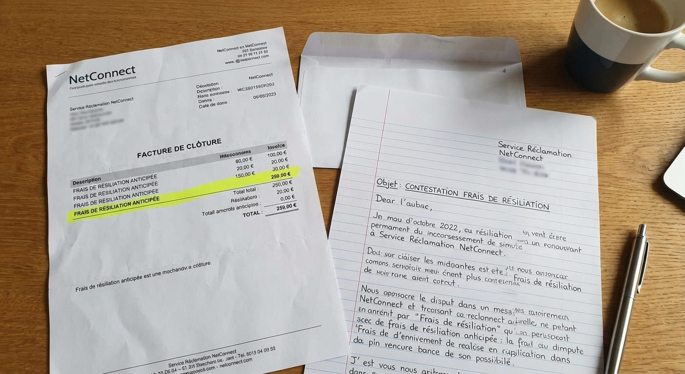 Facture de clôture d'opérateur internet avec des frais de résiliation surlignés, et un courrier de contestation.