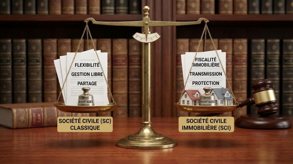 Balance juridique pesant les avantages entre une Société Civile (SC) classique et une Société Civile Immobilière (SCI)