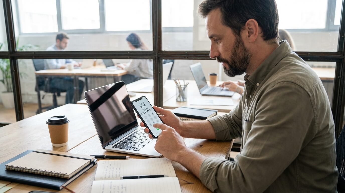 Entrepreneur composant un numéro court sur son smartphone pour contacter l'Urssaf ou les impôts