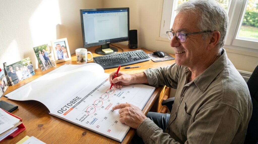 Salarié senior en retraite progressive pointant des jours de congés sur un calendrier de bureau