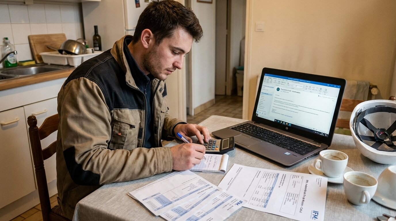Travailleur intérimaire calculant ses indemnités de fin de mission (IFM) avant une proposition d'embauche en CDI