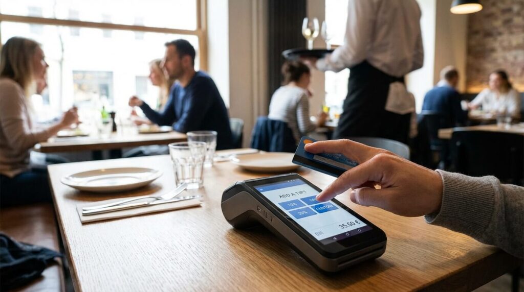 Client laissant un "tip" (pourboire) via un terminal de paiement électronique dans un restaurant