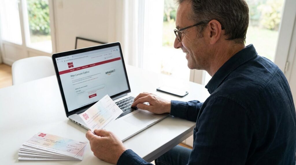 Utilisateur convertissant ses chèques Cadhoc papier en code numérique sur ordinateur pour acheter sur Amazon