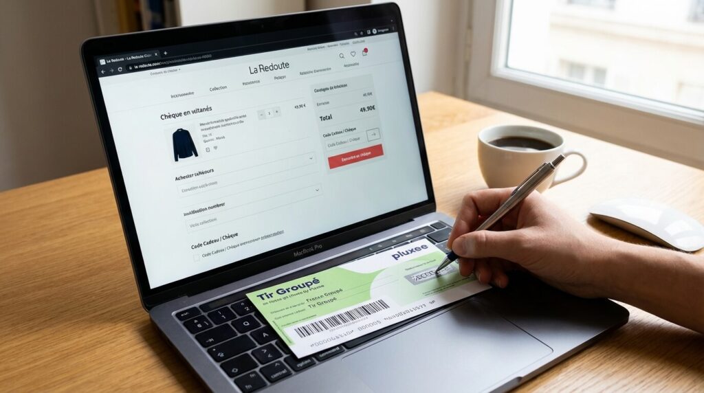 Ordinateur portable avec un chèque Tir Groupé (Pluxee) posé sur le clavier, illustrant le paiement en ligne