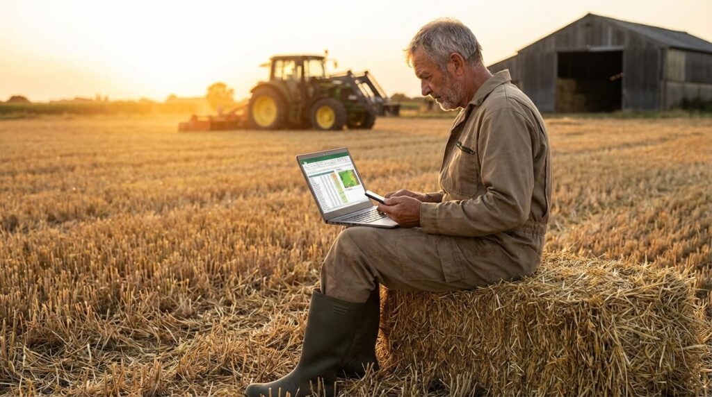 Agriculteur pluriactif consultant ses comptes sur un ordinateur portable au milieu d'un champ, illustrant la double activité