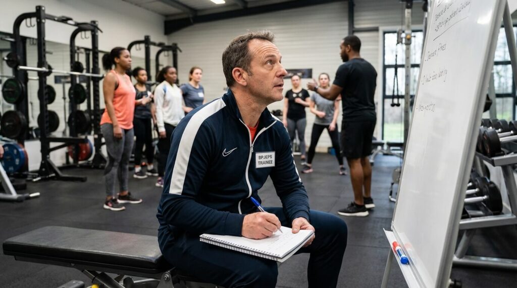 Adulte en reconversion suivant une formation BPJEPS en alternance, prenant des notes dans une salle de sport