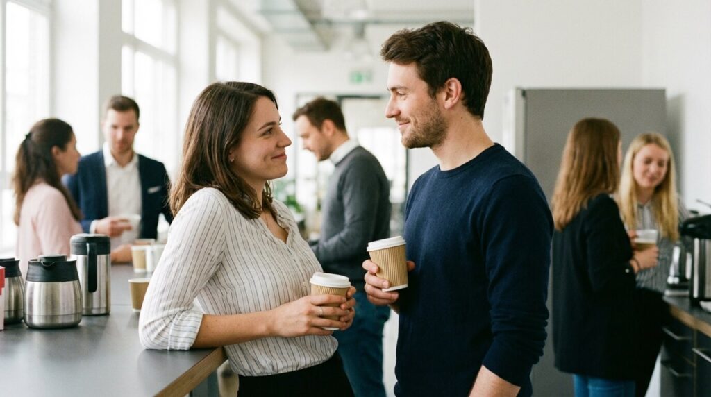 Deux collègues de travail échangeant des regards complices et sourires lors d'une pause café, illustrant la frontière floue entre amitié et séduction