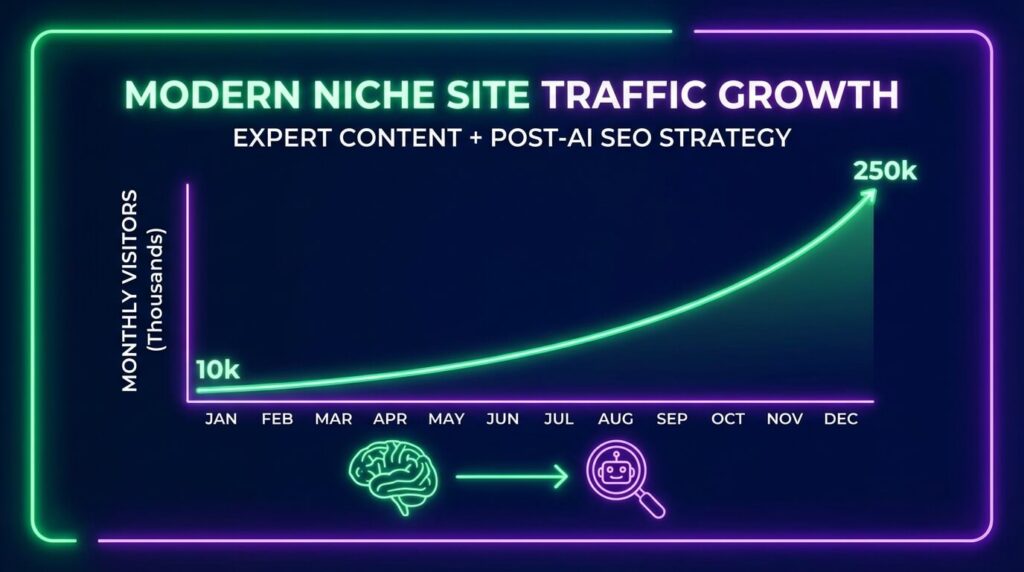 Graphique montrant la croissance du trafic d'un site de niche moderne alliant contenu expert et stratégie SEO post-IA