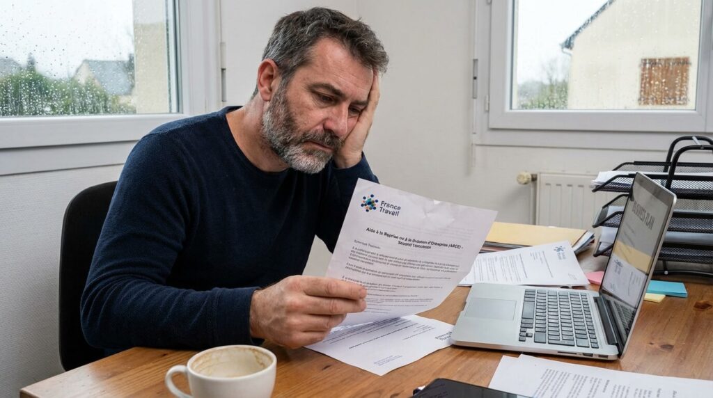Entrepreneur déçu lisant un courrier de refus de France Travail concernant le second versement de son aide ARCE