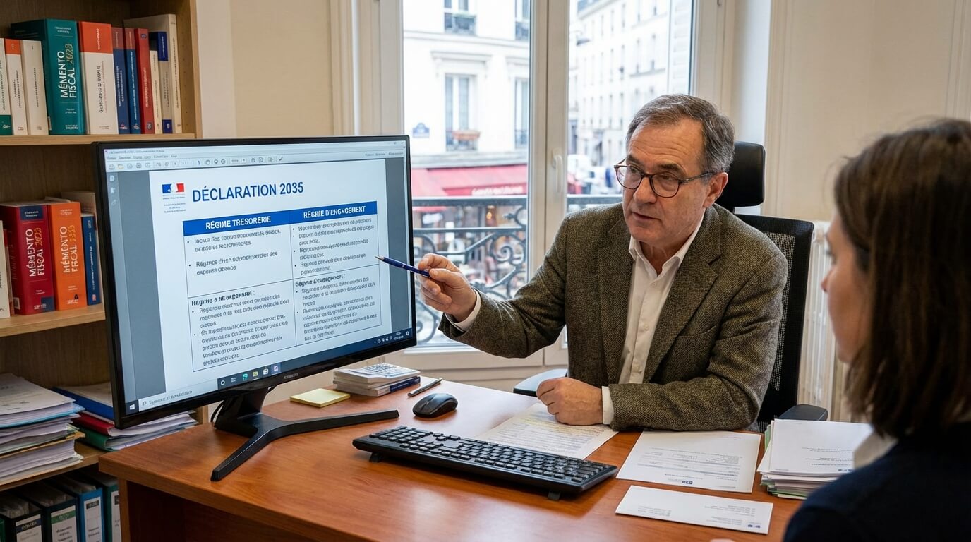 Expert-comptable comparant les régimes de trésorerie et d'engagement pour une déclaration BNC 2035