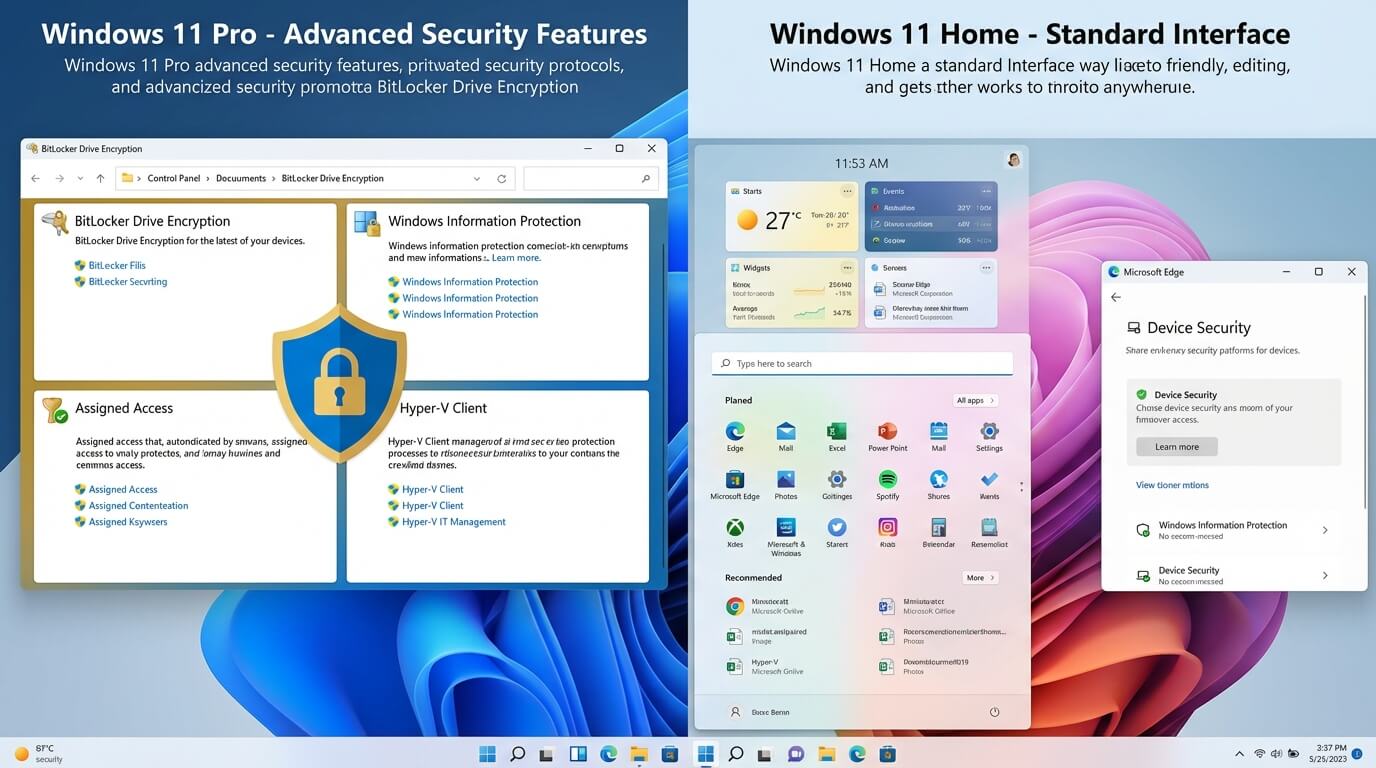 Écran divisé montrant les fonctionnalités de sécurité de Windows 11 Pro face à l'interface standard de Windows 11 Home