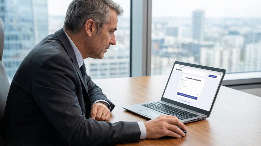 Dirigeant d'entreprise effectuant une demande de confidentialité sur son ordinateur pour masquer ses informations personnelles sur Pappers