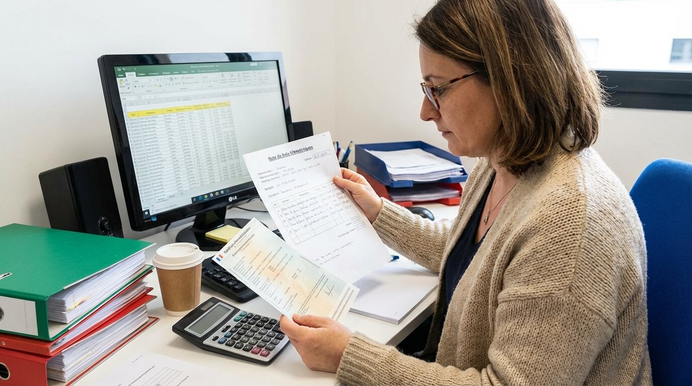 Comptable vérifiant une note de frais kilométriques et le certificat d'immatriculation du véhicule pour valider le remboursement