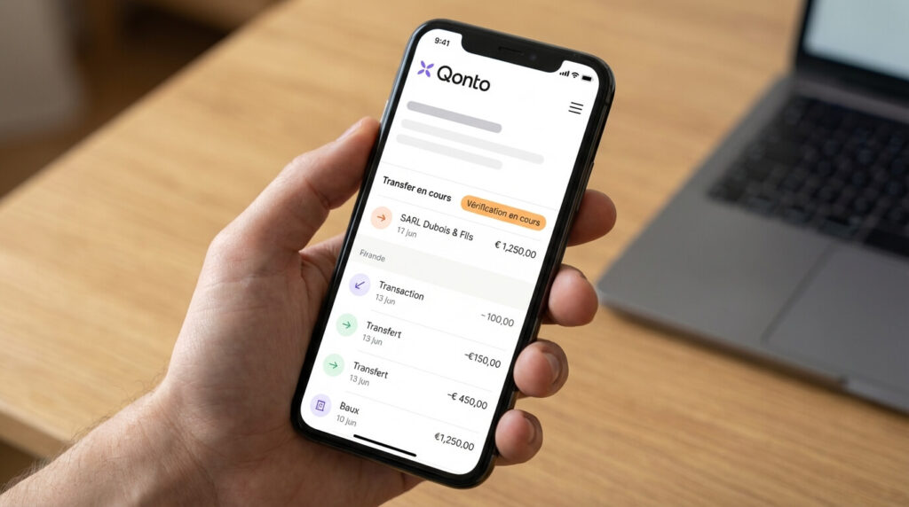 Écran de smartphone affichant l'application Qonto avec une notification de virement sortant en statut "vérification en cours"