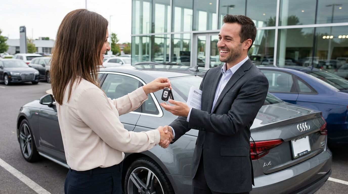 Gérant d'entreprise recevant les clés de son véhicule de fonction après avoir racheté la voiture à sa société