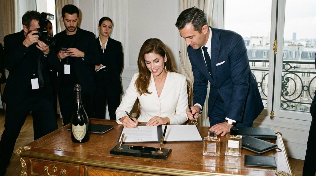 Mannequin et représentant d'une marque de luxe signant un contrat d'égérie sur un bureau