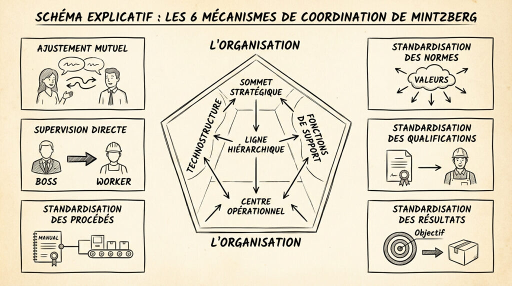 Mécanismes de coordination : Les 6 modèles de Mintzberg expliqués 2 Schéma explicatif illustrant les 6 mécanismes de coordination d'Henry Mintzberg reliant les différentes parties de l'entreprise