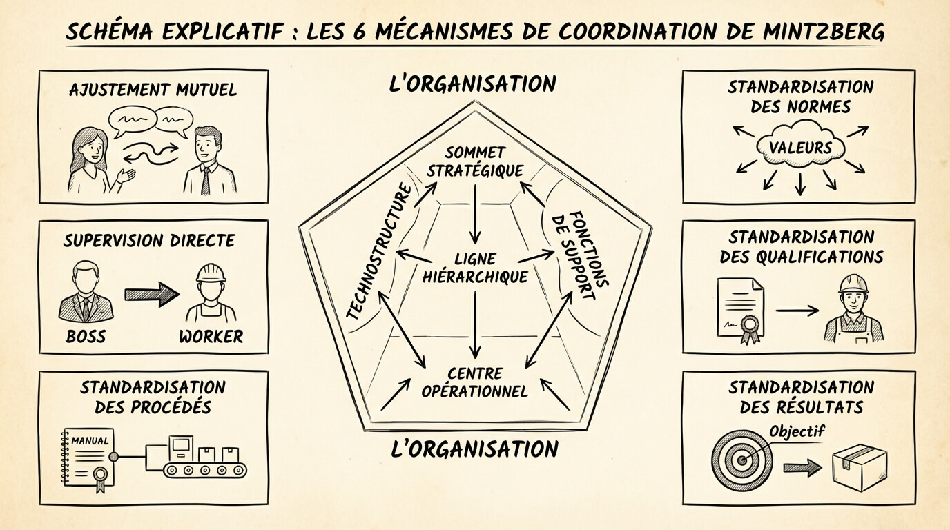 Schéma explicatif illustrant les 6 mécanismes de coordination d'Henry Mintzberg reliant les différentes parties de l'entreprise
