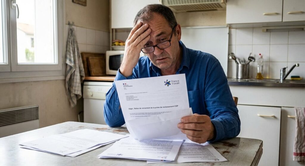 Refus de la prime de reclassement CSP : Motifs et recours 2 Salarié consultant une lettre de France Travail notifiant le refus de versement de sa prime de reclassement CSP