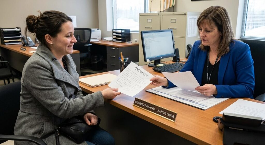 Conjoint présentant une procuration écrite aux ressources humaines pour récupérer les documents de fin de contrat