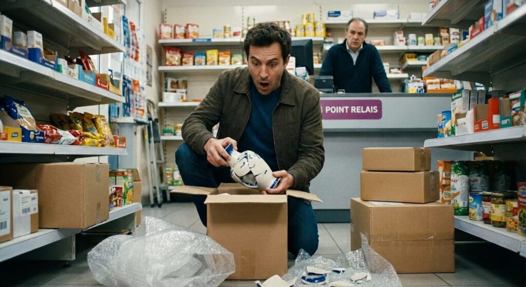 Acheteur constatant les dégâts sur un objet fragile à l'ouverture de son colis dans un point relais