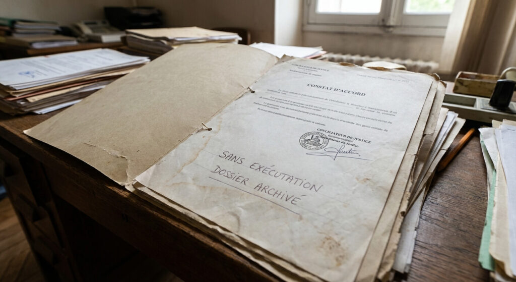 Dossier juridique contenant un constat d'accord signé par un conciliateur de justice, resté sans exécution