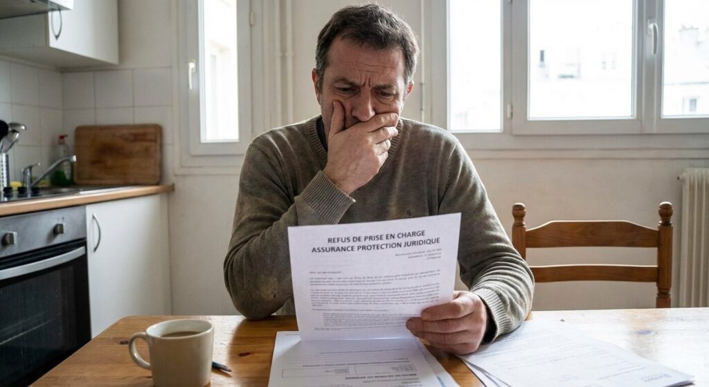 Assuré lisant une lettre de refus de prise en charge envoyée par son assurance de protection juridique