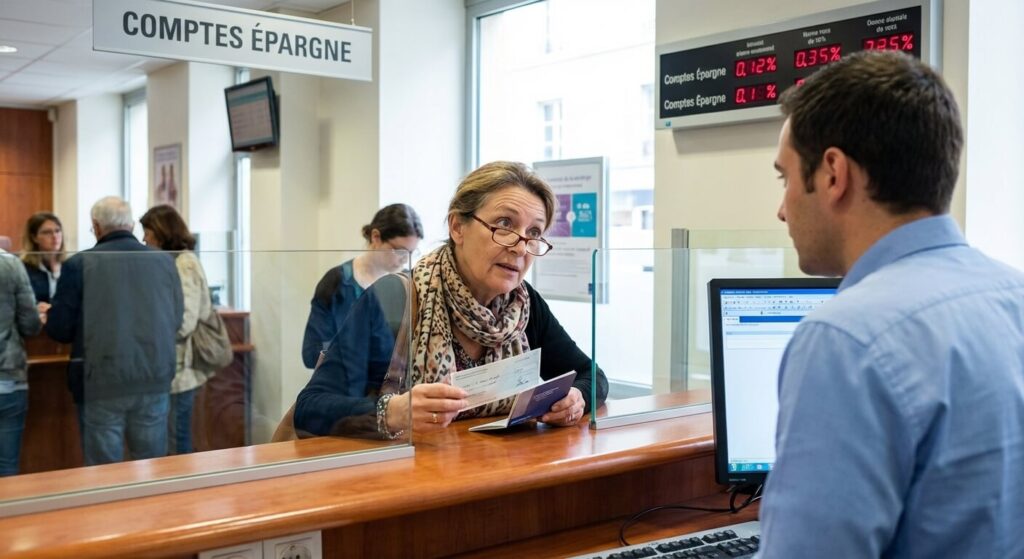 Client au guichet d'une banque s'interrogeant sur la possibilité d'encaisser un chèque sur son compte épargne