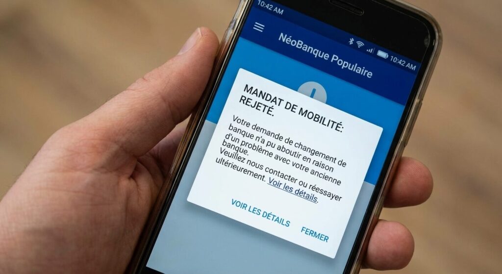 Notification de rejet du mandat de mobilité bancaire affichée sur l'espace client en ligne d'une nouvelle banque